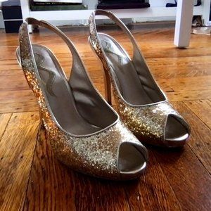 Gold open toe heels